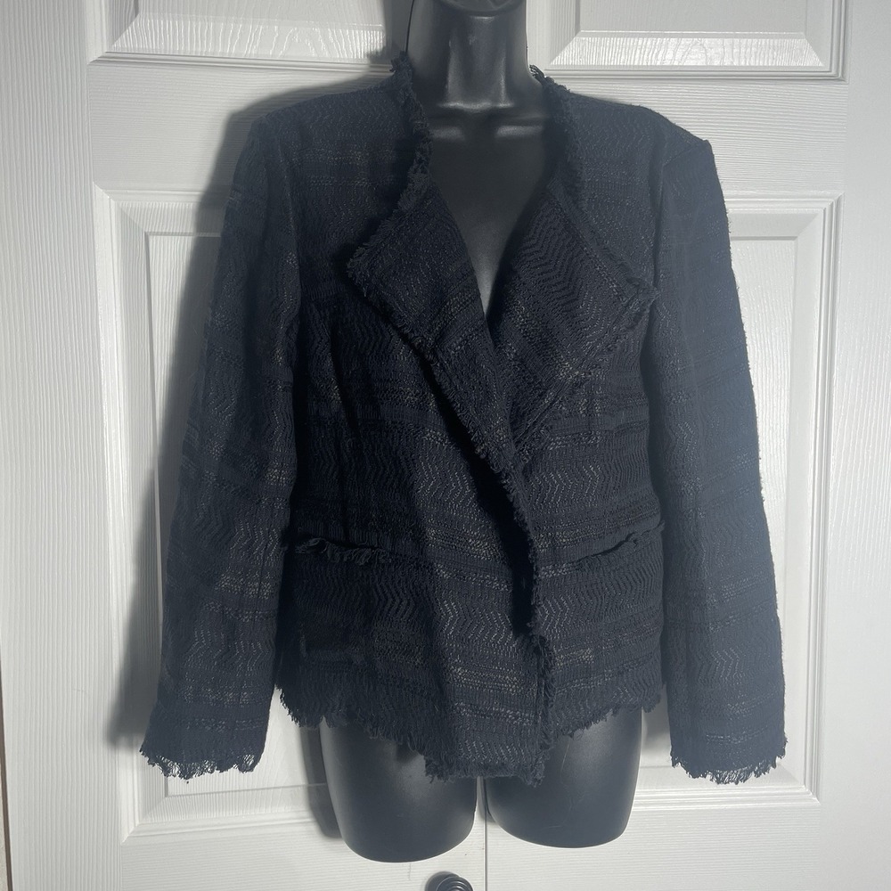 Ann Taylor Loft Jacket Women 6 Black Textured Long Sleeve Open Front Raw Hem Top